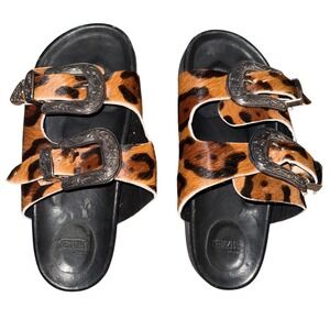 KENAZHA Women's Leopard Print Double Buckle Slide Sandals Western Style